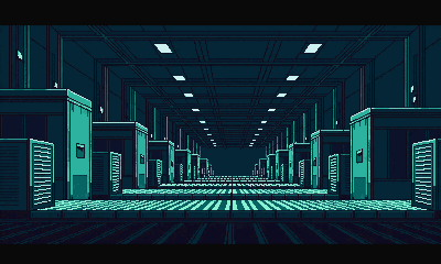 Dark industrial factory aisle lined with server racks and cyan lights